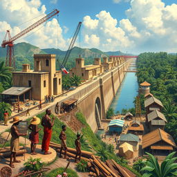A historical depiction of the construction of the Panama Canal, showcasing both architectural and engineering elements