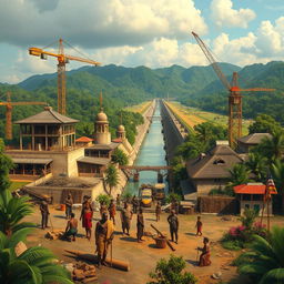 A historical depiction of the construction of the Panama Canal, showcasing both architectural and engineering elements
