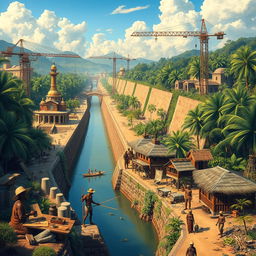 A historical depiction of the construction of the Panama Canal, showcasing both architectural and engineering elements