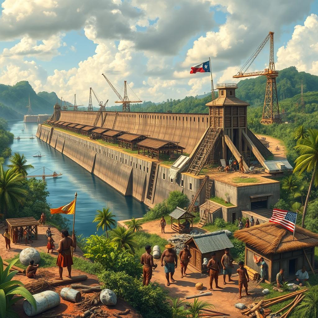 A historical depiction of the construction of the Panama Canal, showcasing both architectural and engineering elements