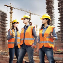 An image in a realistic style, showcasing a group of women in construction