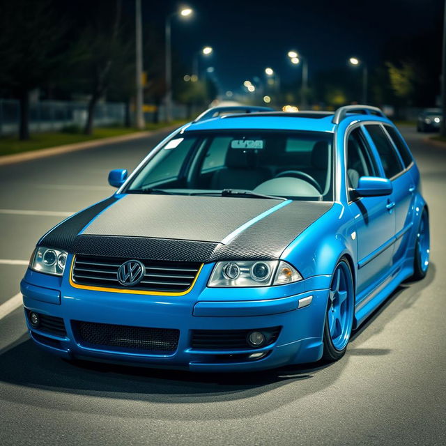 A blue 2001 widebody VW Passat R36 wagon modified as a drift car, showcasing a stylish carbon hood with intricate details