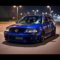 A blue 2001 widebody VW Passat R36 wagon modified as a drift car, showcasing a stylish carbon hood with intricate details