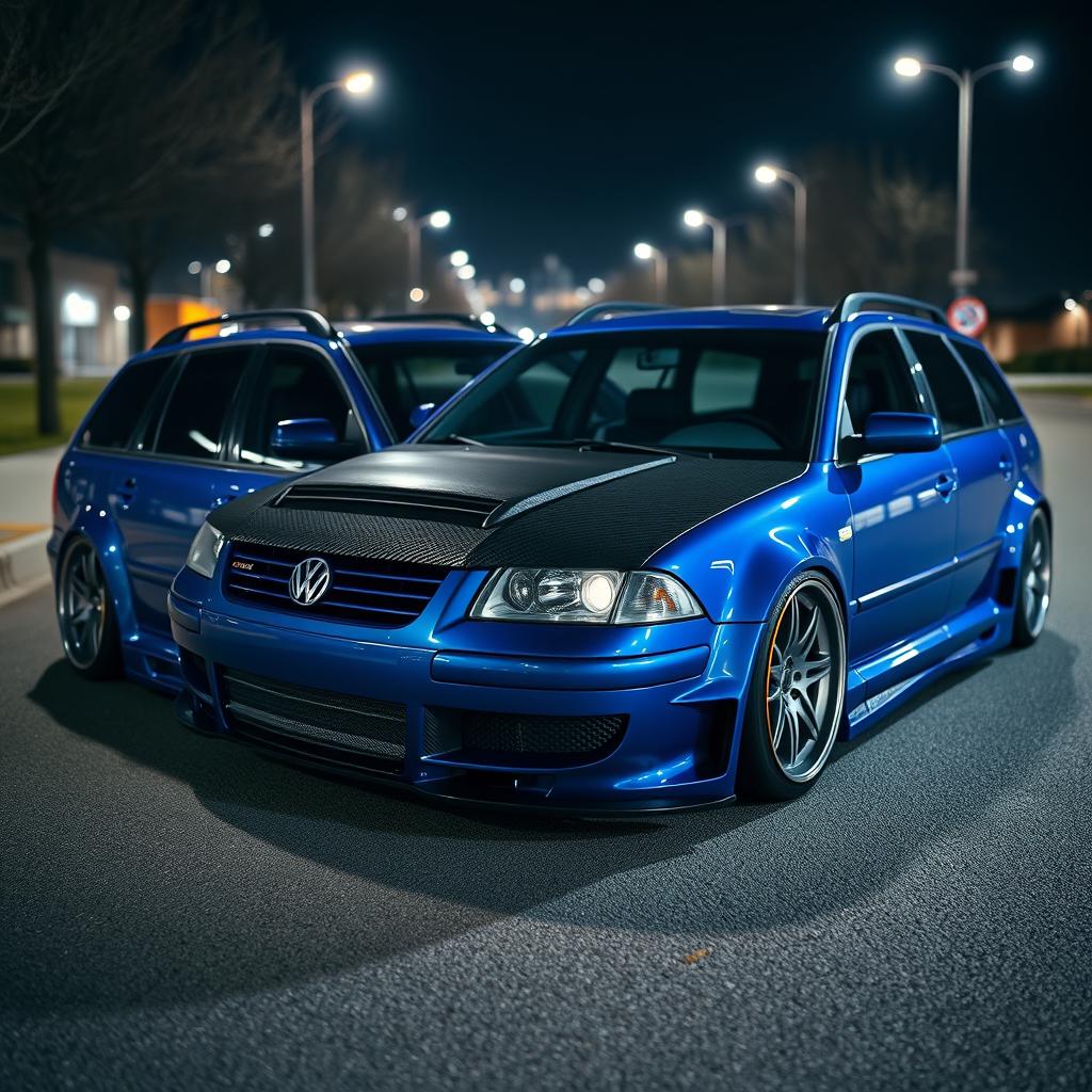 A blue 2001 widebody VW Passat R36 wagon modified as a drift car, showcasing a stylish carbon hood with intricate details