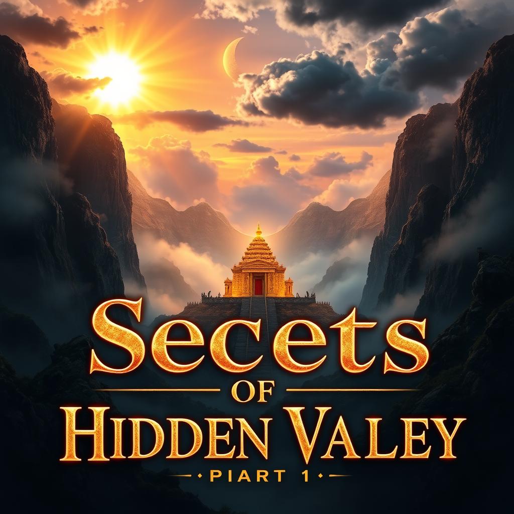 A breathtaking cover featuring a hidden, mystical valley surrounded by towering, mist-covered mountains