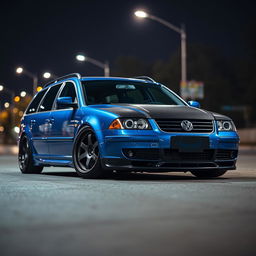 A blue 2001 widebody VW Passat R36 wagon designed as a drift car, featuring a striking carbon hood
