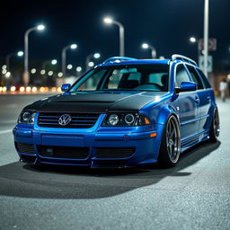 A blue 2001 widebody VW Passat R36 wagon designed as a drift car, featuring a striking carbon hood