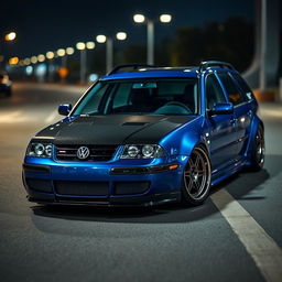 A blue 2001 widebody VW Passat R36 wagon designed as a drift car, featuring a striking carbon hood