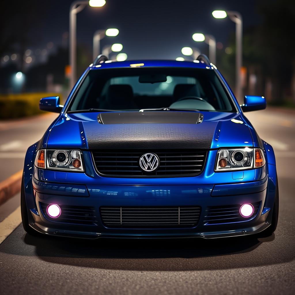A blue 2001 widebody VW Passat R36 wagon designed as a drift car, featuring a striking carbon hood