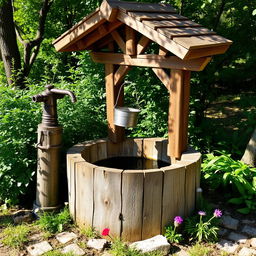 A beautiful wooden water well surrounded by lush greenery