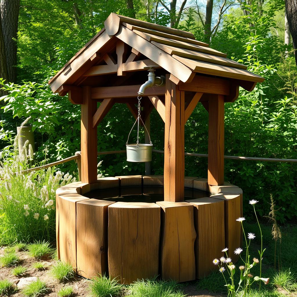 A beautiful wooden water well surrounded by lush greenery