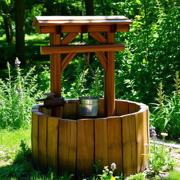 A beautiful wooden water well surrounded by lush greenery