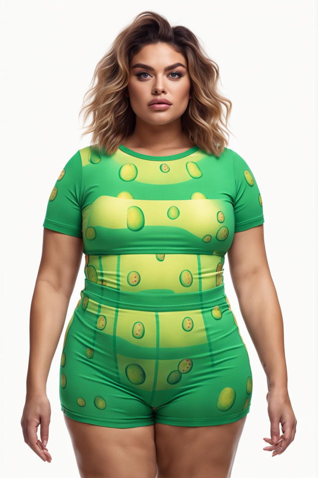 This is a 32k HD, 200mm photograph of a curvaceous plus-sized model wearing a short graphic crop top with a pickles print