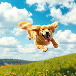 A whimsical scene of a flying dog soaring through a bright blue sky with fluffy white clouds
