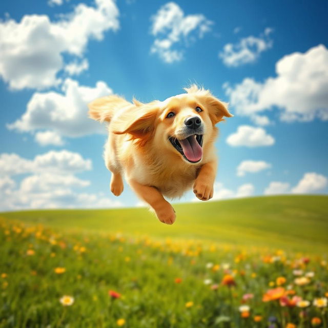 A whimsical scene of a flying dog soaring through a bright blue sky with fluffy white clouds