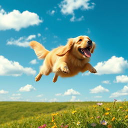 A whimsical scene of a flying dog soaring through a bright blue sky with fluffy white clouds