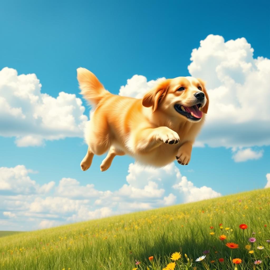 A whimsical scene of a flying dog soaring through a bright blue sky with fluffy white clouds