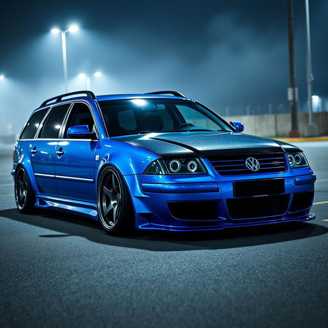 A stunning blue 2001 VW Passat R36 wagon, widebody, designed for drifting