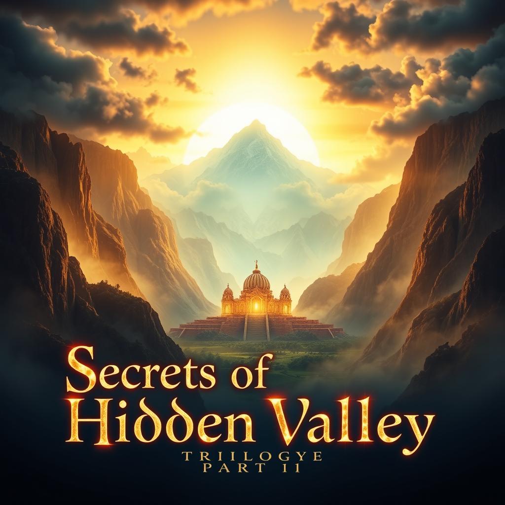 A breathtaking cover featuring a hidden, mystical valley surrounded by towering, mist-covered mountains