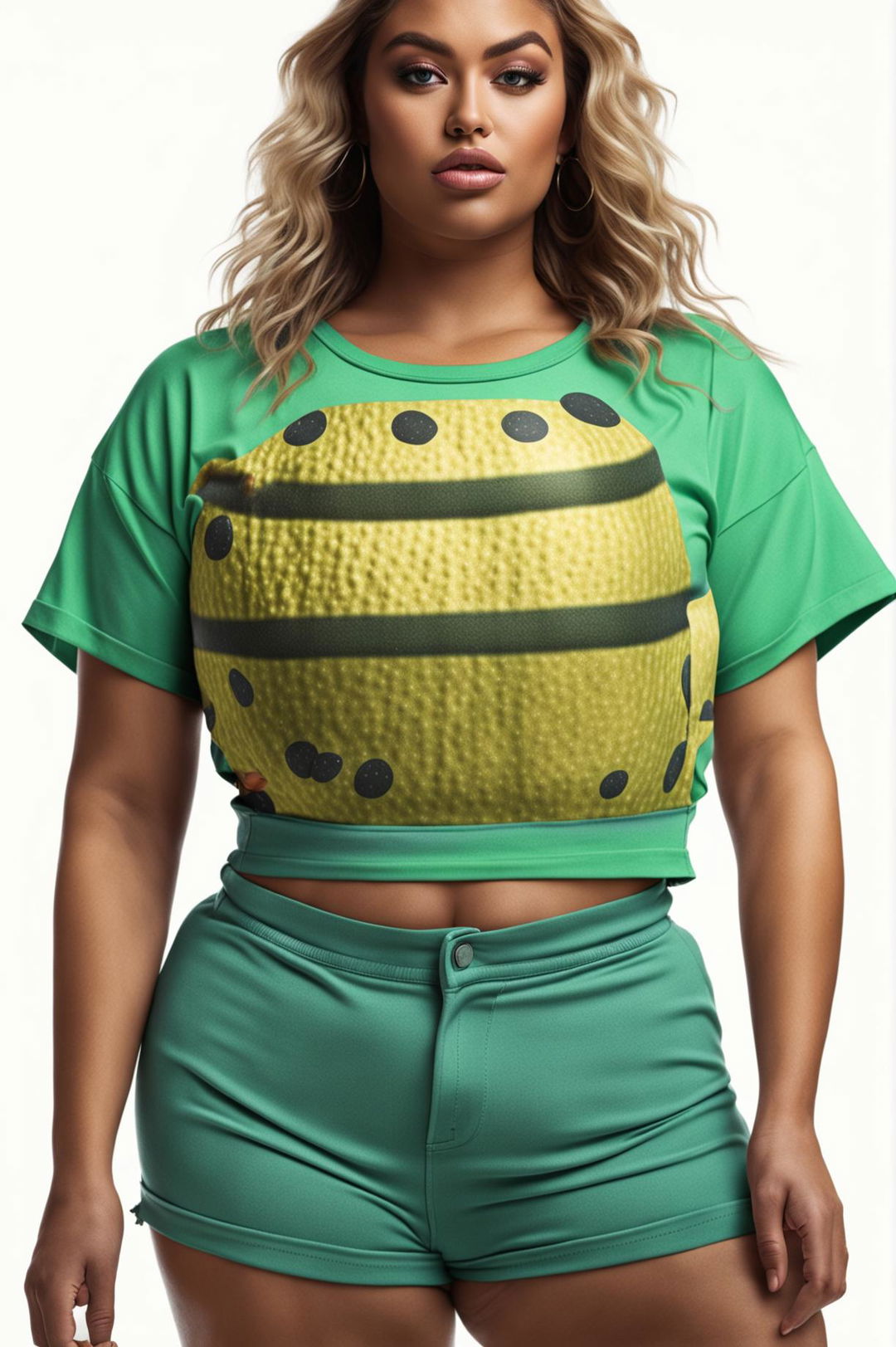 This is a 32k HD, 200mm photograph of a curvaceous plus-sized model wearing a short graphic crop top with a pickles print