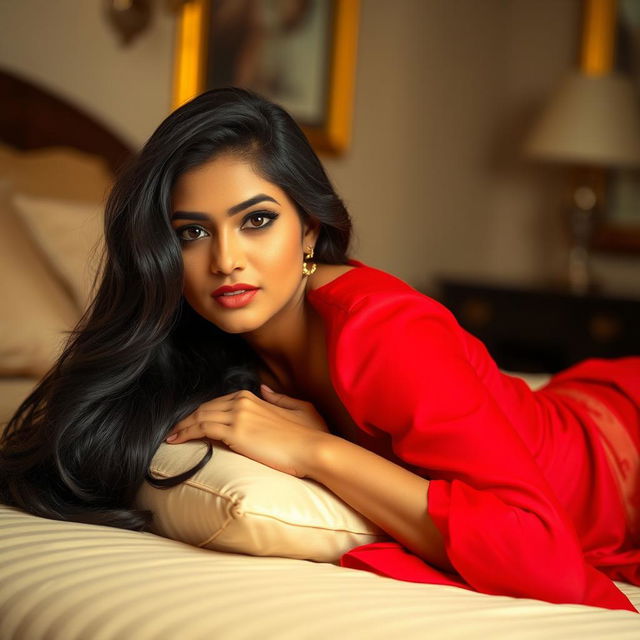 A sultry Indian woman, dressed in a vibrant red blouse, lying gracefully on her side on a plush bed