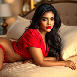 A sultry Indian woman, dressed in a vibrant red blouse, lying gracefully on her side on a plush bed