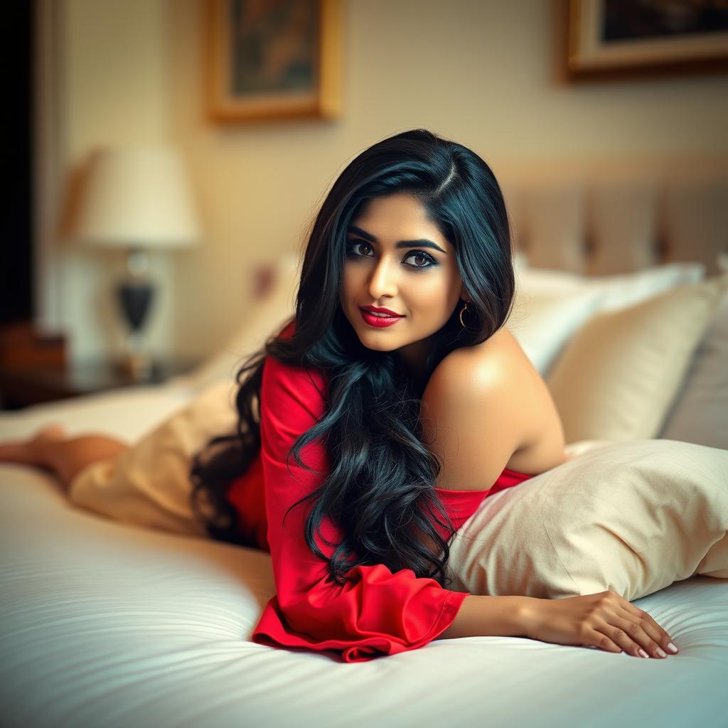 A sultry Indian woman, dressed in a vibrant red blouse, lying gracefully on her side on a plush bed