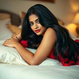 A sultry Indian woman, dressed in a vibrant red blouse, lying gracefully on her side on a plush bed