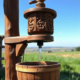 A beautifully crafted wooden water pump with intricate carvings and a rustic finish, standing tall in an outdoor setting