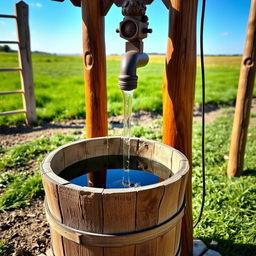 A beautifully crafted wooden water pump with intricate carvings and a rustic finish, standing tall in an outdoor setting