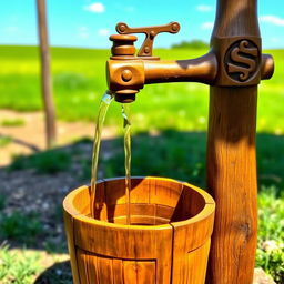 A beautifully crafted wooden water pump with intricate carvings and a rustic finish, standing tall in an outdoor setting