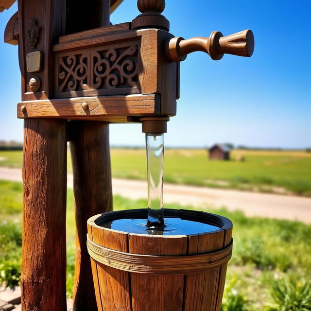 A beautifully crafted wooden water pump with intricate carvings and a rustic finish, standing tall in an outdoor setting