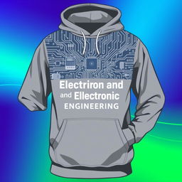 An eye-catching hoodie design for electrical and electronic engineering department students, featuring a graphic of a circuit board with intricate details, showcasing various electrical components like resistors, capacitors, and microcontrollers