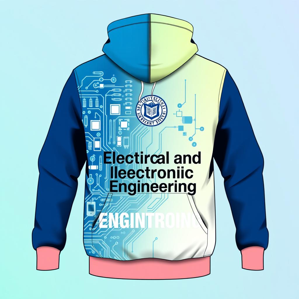 An eye-catching hoodie design for electrical and electronic engineering department students, featuring a graphic of a circuit board with intricate details, showcasing various electrical components like resistors, capacitors, and microcontrollers