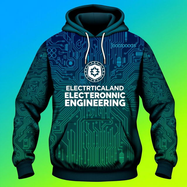 An eye-catching hoodie design for electrical and electronic engineering department students, featuring a graphic of a circuit board with intricate details, showcasing various electrical components like resistors, capacitors, and microcontrollers