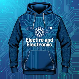 An eye-catching hoodie design for electrical and electronic engineering department students, featuring a graphic of a circuit board with intricate details, showcasing various electrical components like resistors, capacitors, and microcontrollers