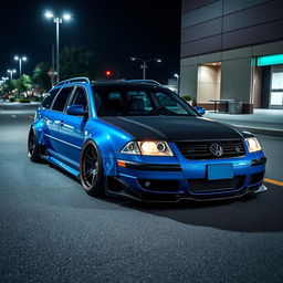 A stunning blue 2001 widebody VW Passat R36 wagon transformed into a drift car, featuring a sleek carbon fiber hood