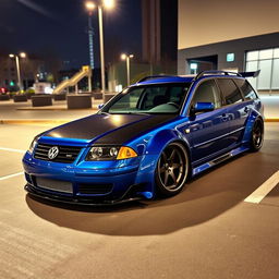 A stunning blue 2001 widebody VW Passat R36 wagon transformed into a drift car, featuring a sleek carbon fiber hood