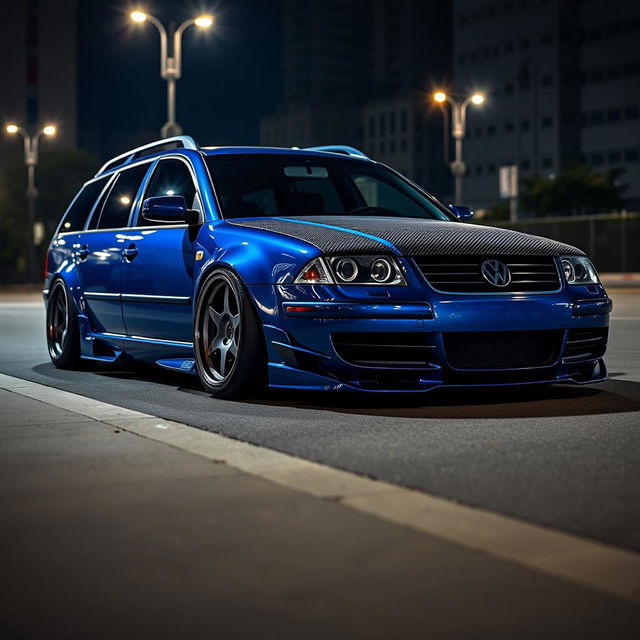 A stunning blue 2001 widebody VW Passat R36 wagon transformed into a drift car, featuring a sleek carbon fiber hood