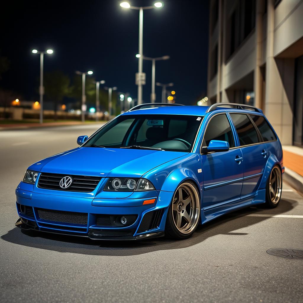 A stunning blue 2001 widebody VW Passat R36 wagon transformed into a drift car, featuring a sleek carbon fiber hood