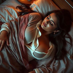 An alluring Indian woman, peacefully sleeping on her side draped in a beautifully patterned saree, with a delicate sheer white blouse that reveals deep, enticing cleavage