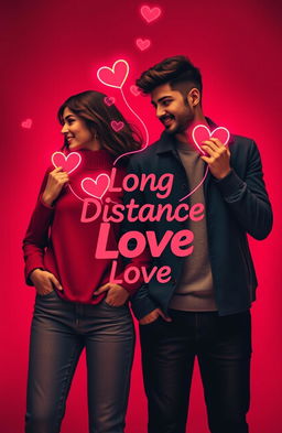 A vibrant and dynamic representation of two couples, emphasizing a long-distance relationship theme, where each couple's connection is depicted through lines or glowing paths connecting their hearts