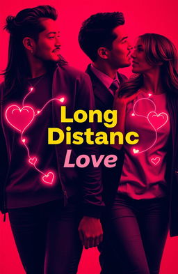 A vibrant and dynamic representation of two couples, emphasizing a long-distance relationship theme, where each couple's connection is depicted through lines or glowing paths connecting their hearts
