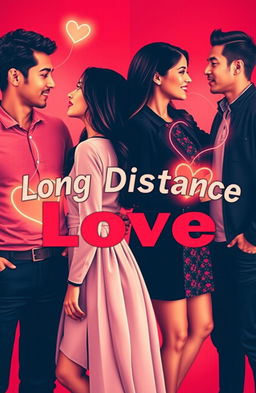 A vibrant and dynamic representation of two couples, emphasizing a long-distance relationship theme, where each couple's connection is depicted through lines or glowing paths connecting their hearts