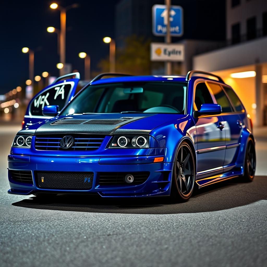 A stunning blue 2001 widebody VW Passat R36 wagon, designed as a high-performance drift car