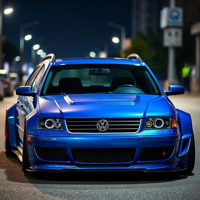 A stunning blue 2001 widebody VW Passat R36 wagon, designed as a high-performance drift car