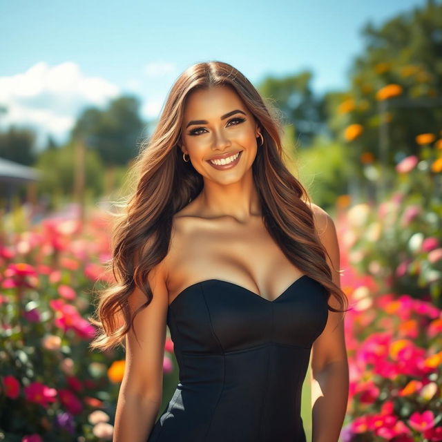 A stunningly attractive woman with long flowing hair, wearing a stylish elegant dress that hugs her curves perfectly