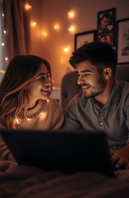 A heartfelt scene of a long-distance couple connected through technology, looking at each other on a video call