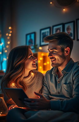 A heartfelt scene of a long-distance couple connected through technology, looking at each other on a video call