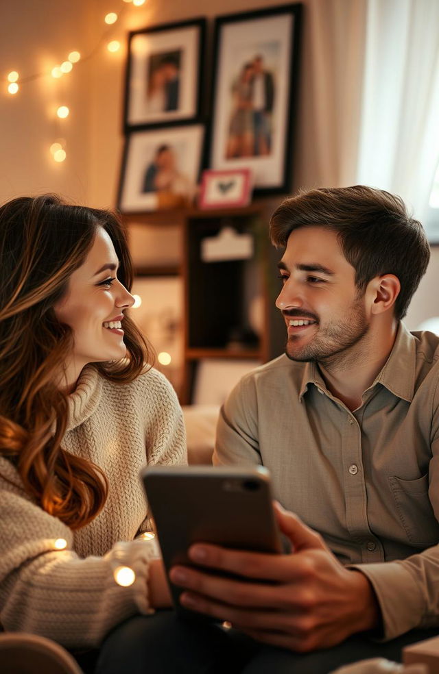 A heartfelt scene of a long-distance couple connected through technology, looking at each other on a video call